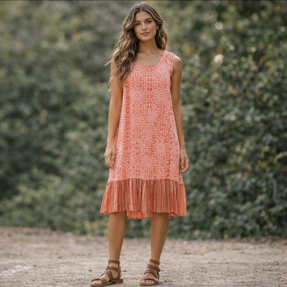 Beyond Capri Woven Midi Dress Sleeveless Salmon Floral Boho Flowy Lagenlook O/S